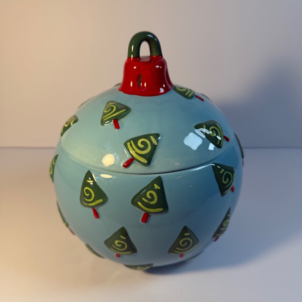 Harbor East Christmas Ornament Cookie Jar Blue Ceramic Tree Holiday Canister